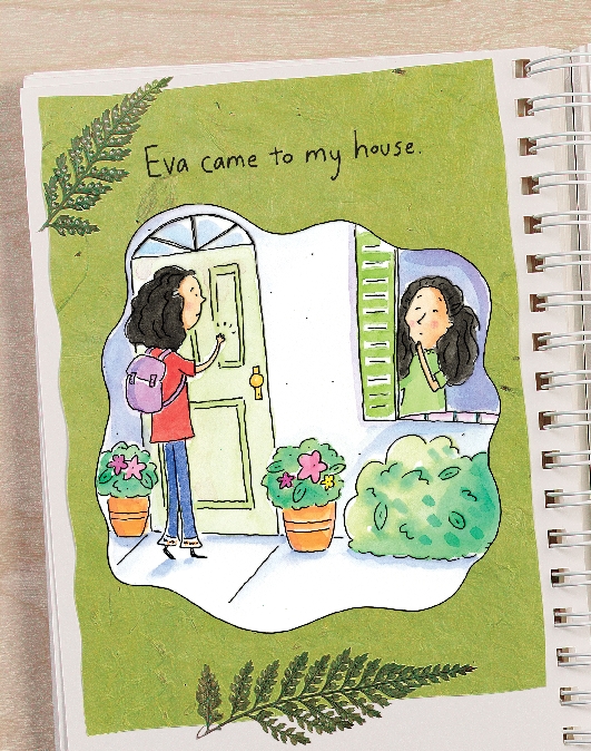 illustration of a girl knocking on a door; girl inside house is looking out