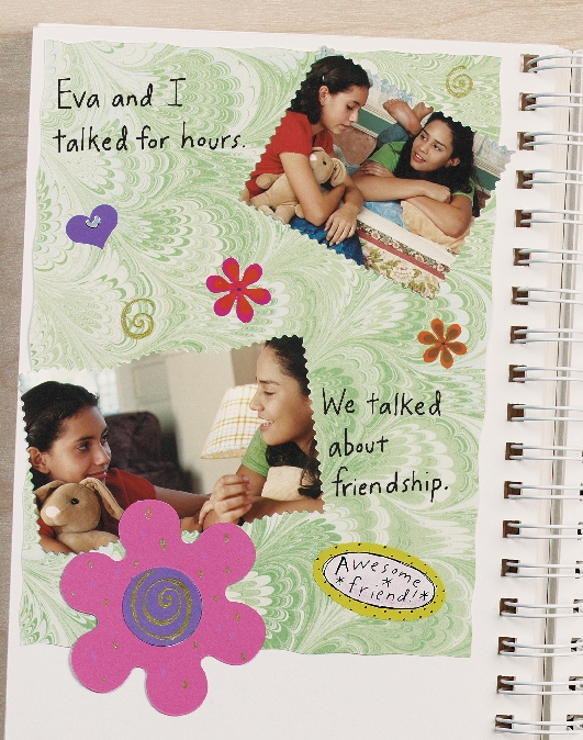 illustration of the best friends' scrapbook with photos of the girls talking