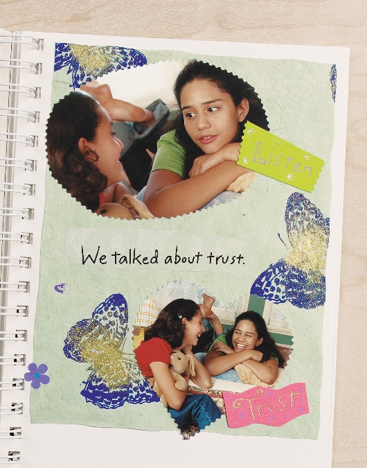 illustration of best friends' scrapbook with photos of the girls talking and laughing