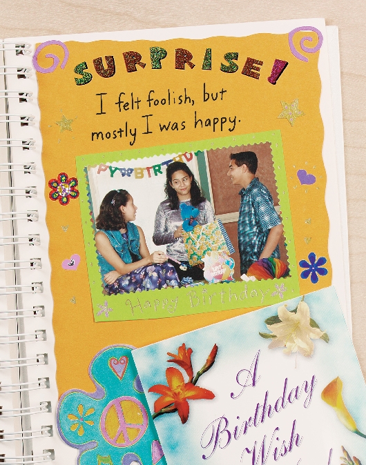 illustration of the scrapbook with photo of the three friends celebrating Eva's birthday