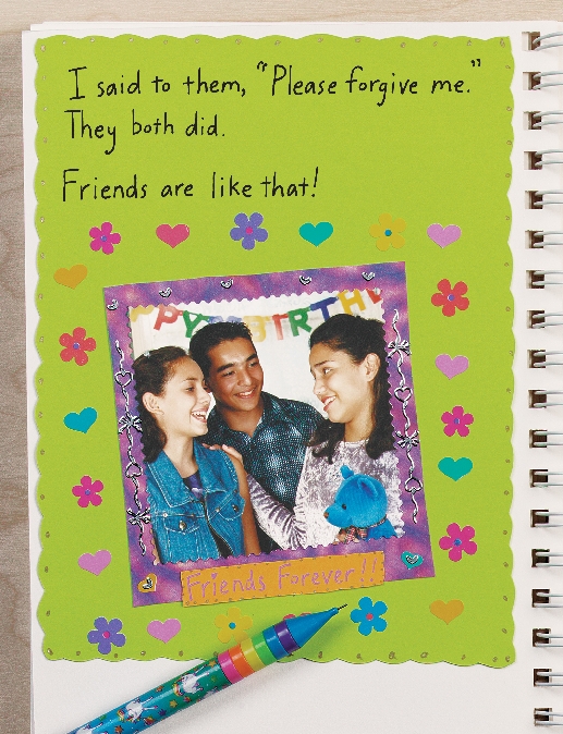 illustration of the scrapbook with a photo of Eddie, Eva, and Veronica