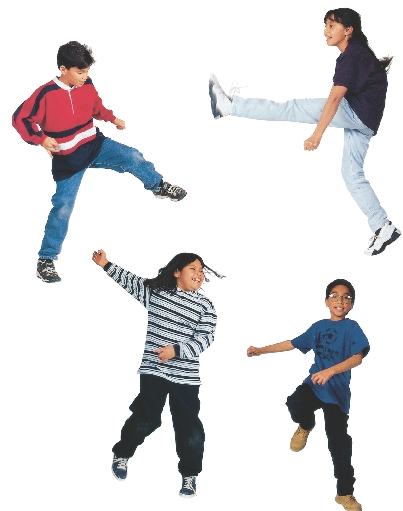 photograph of four kids dancing to show step, kick, turn, and hop