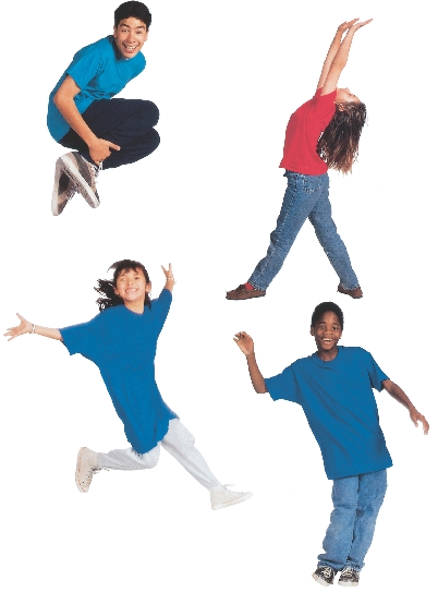 photograph of four kids dancing to show jump, reach, leap, and wiggle