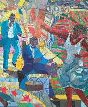 Photograph of a tile mosaic showing a man playing a drum with two people dancing.