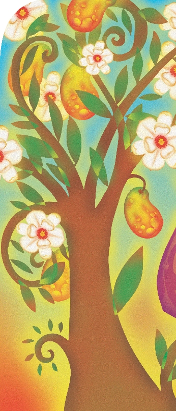 Illustration of Carmen looking up at a tree with both flowers (magnolias) and fruit (mangoes) on it.