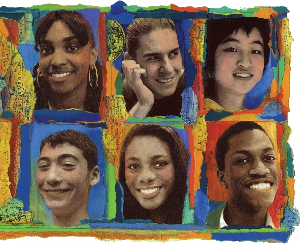 Photographs of six smiling teenagers—three boys and three girls.