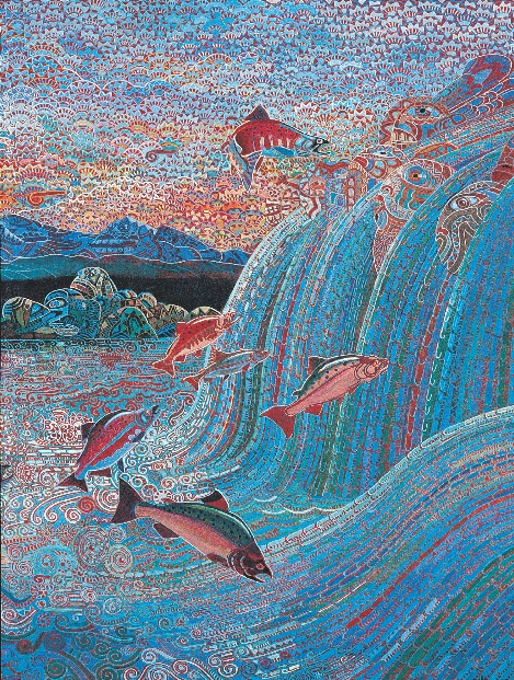 The Last Salmon Run (detail), 1990, Alfredo Arreguín. Oil on canvas, private collection.