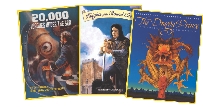 Photographs of three book covers. First: Jules Verne; second: a knight pulling a sword from a stone; third: a prince in long robes with a large dragon behind him