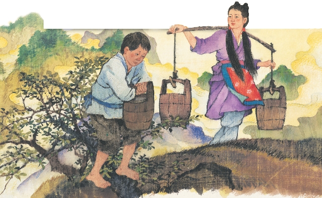 Illustration: same two people at a stream: boy carries one bucket, young woman carries two