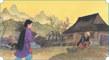 Illustration of a woman carrying sticks of wood, and another caring for a garden