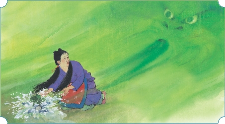 Illustration of Shu Fa kneeling on the ground over the hole and looking with fear at a face in the mountain