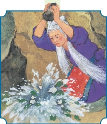 Illustration of Shu Fa smashing the turnip with a large rock and water splashing up