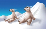 Illustration of two polar bears wearing sunglasses and having fun sliding down a snowy mountain