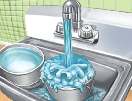 Illustration of two large pots in a sink with faucet on. Water is flowing over in one pot.