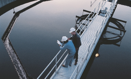 Water is cleaned in a water treatment plant.