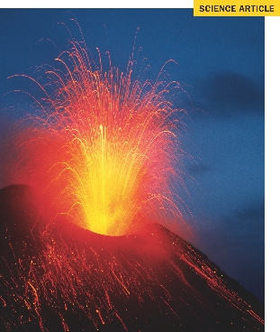 Photograph of glowing liquid rock coming out of and down a mountain (volcano) from a hole it its top