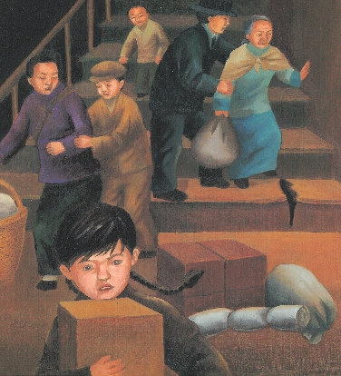 Illustration of people of various ages coming down steps carrying boxes, baskets, or cloth sacks