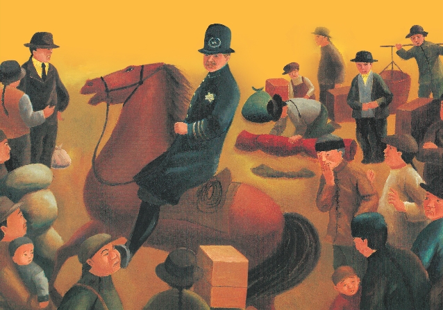 Illustration of a policeman riding a horse with people and their possessions on all sides