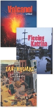 Photographs of title pages of the unit's three selections: Volcano!, Fleeing Katrina, and Earthquake