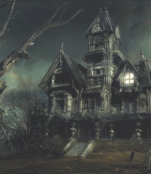Illustration of a scary mansion at night with tombstones in the front yard
