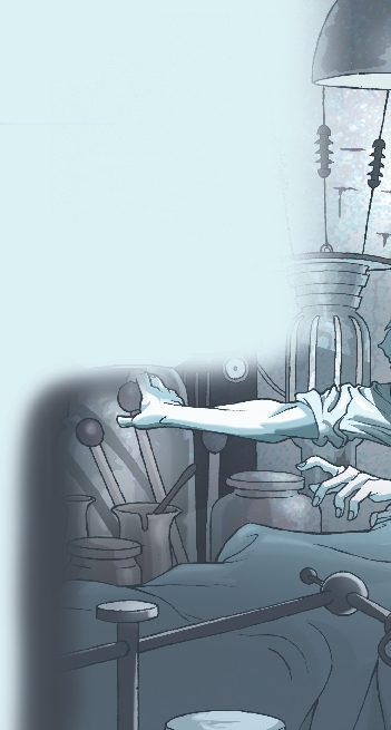 Illustration of Frankenstein chained to a table in the lab being shocked with electricity