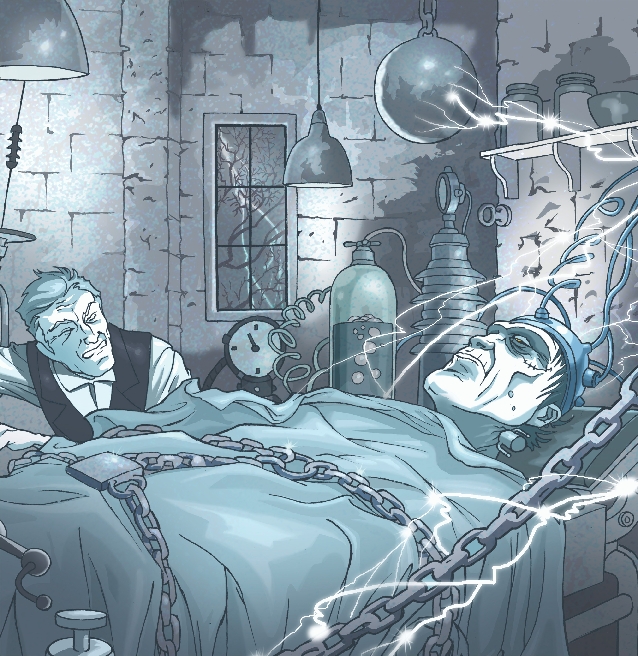 Illustration of Frankenstein chained to a table in the lab being shocked with electricity