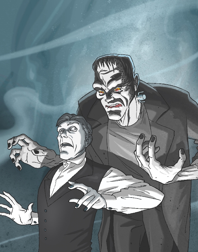Illustration of Frankenstein, the monster, looking very angry
