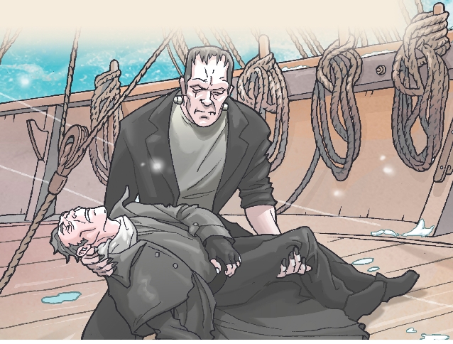 Illustration of Frankenstein on a ship looking down on a person he is holding in his hands