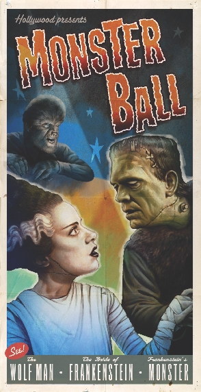 Photograph of an old movie poster showing Frankenstein, his bride, and the Wolf Man