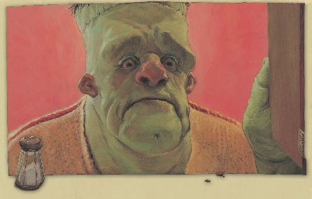 Illustration of Frankenstein looking in an empty cupboard for food
