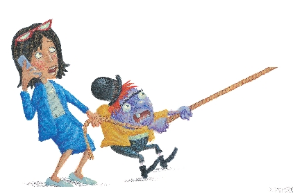 Illustration of Ms. Rosario on her cell phone with Ygor. They are both pulling on the rope.