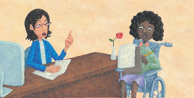 Illustration of Ms. Rosario and Miss Petal at Ms. Rosario's desk. Miss Petal is writing on a notepad.