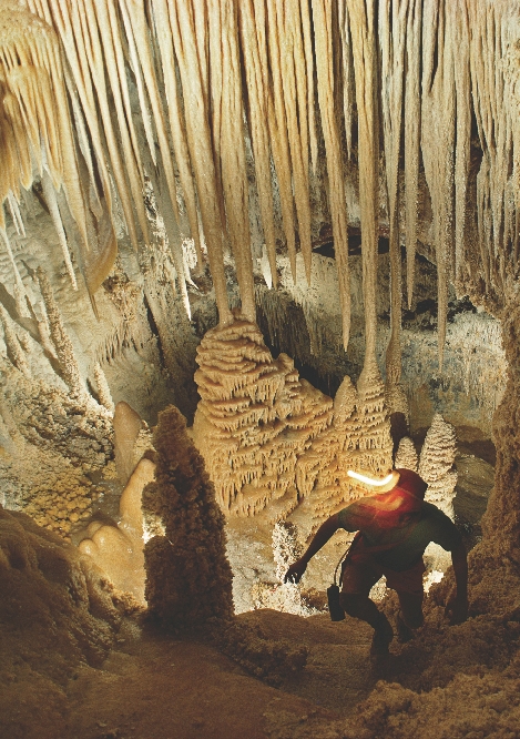 A scientist explores Lechuguilla Cave in New Mexico.