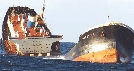 Photograph of a ship broken in half in the water