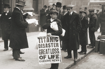 A newsboy in London sells papers telling about the disaster. The disaster shocked people around the world.