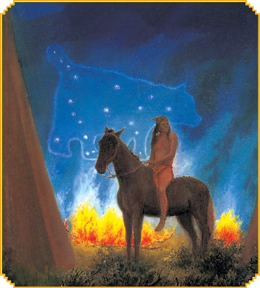 Illustration of a Native American on a horse with Sky Bear in the night sky.