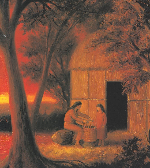 Illustration of Grandmother and small girl outside their lodge. Grandmother is weaving a basket.