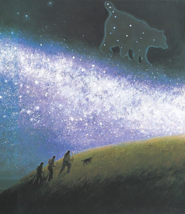 Illustration of hunters and dog from tale walking with Sky Bear in the night sky.