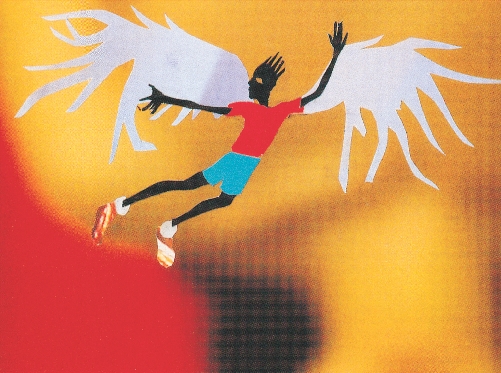 An illustration of a paper craft. It is made of color paper, cut and pasted together in the shape of a man flying with huge wings on either side